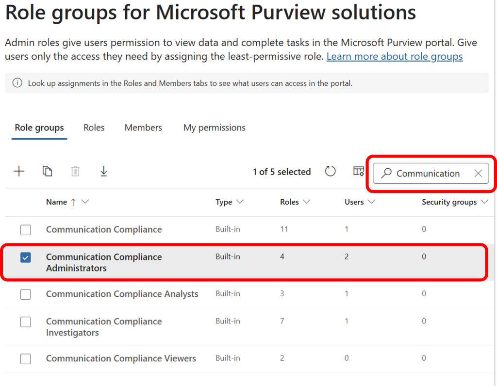 Use the updated interface tabs to filter and review role group assignments