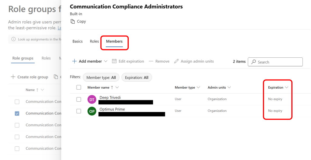 Select the Members tab and examine the expiration set for the members within that role group