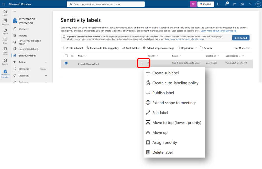 Return to the Sensitivity labels screen where additional options are available to you for the label you just created.