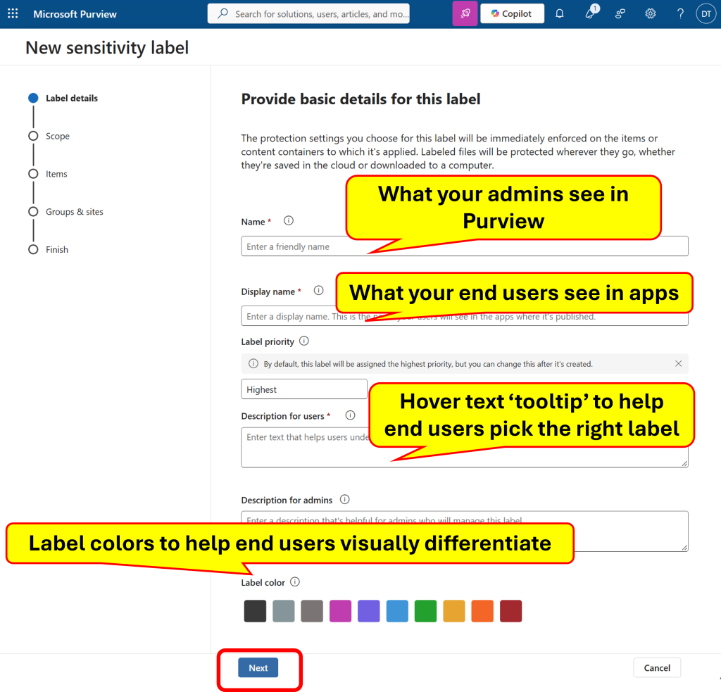 Provide basic details for the new sensitivity label