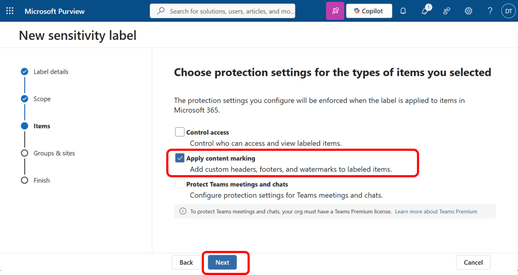 Choose protection settings for the types of items you selected.