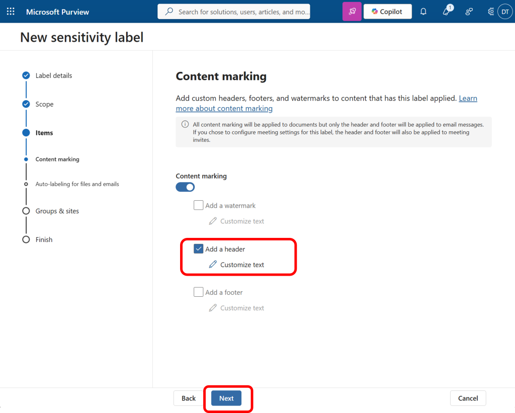 Content marking for your sensitivity label.