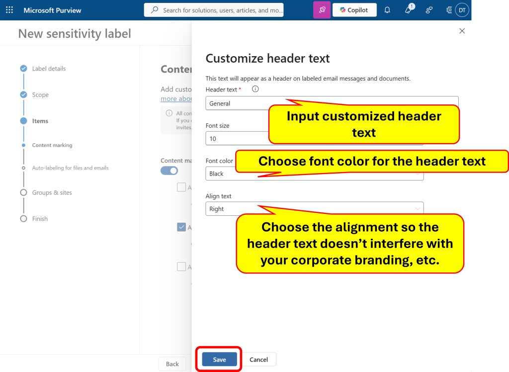 Customize header text.