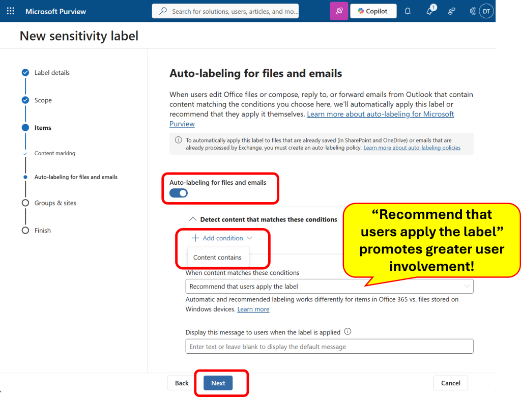 Auto-labeling settings for files and emails.