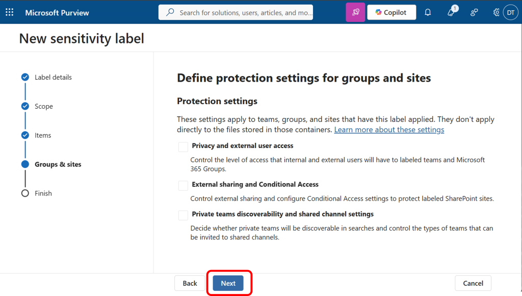 Define protection settings for groups and sites.