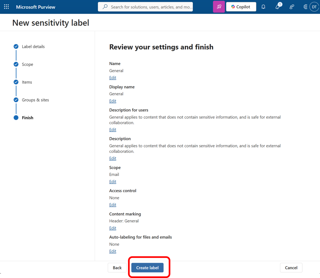 Review your sensitivity label settings and finish.